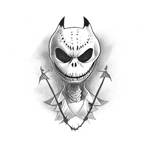 A Tattoo Of Jack Skellington Playing A Video Game With A Giraffe And A Shark In A Black-grey Style