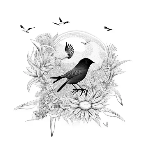 Bird Flying Away From Flowerfield