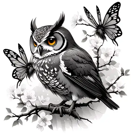 Mystical Owl And Fairies With Cherry Blossom And Japanese Trees