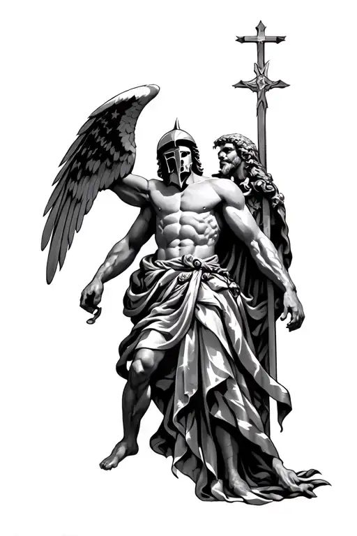 Saint Michael Defeatin Lucifer With Spartan Helmet And Draped In An American Flag