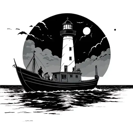 Ghibli Boat Towards Lighthouse In Distance Through Storm