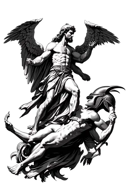 Saint Michael Stepping On Lucifer With Spartan Helmet