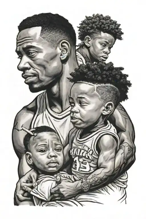 African American Father With Son Sitting On His Shoulder With Matching Jerseys On