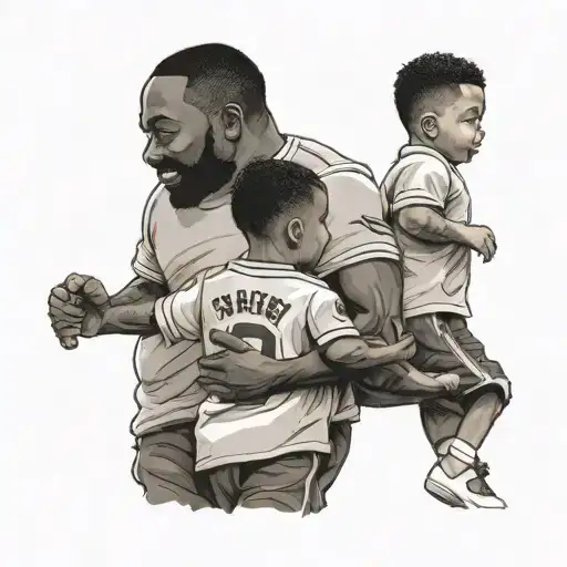 Black Father Holding Son Hands Walking With Matching Jerseys On