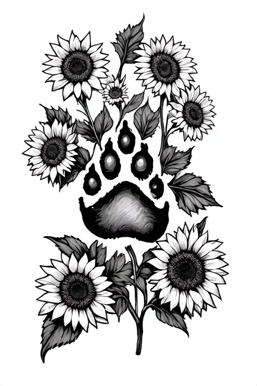 Cat Paw Print Surrounded By Sunflowers