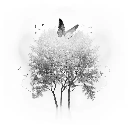A Serene Forest Scene With A Hidden Butterfly Camouflaged Among The Trees