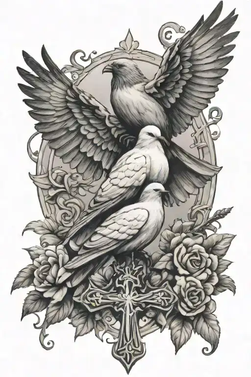 Dove And Raven Perched On Cross