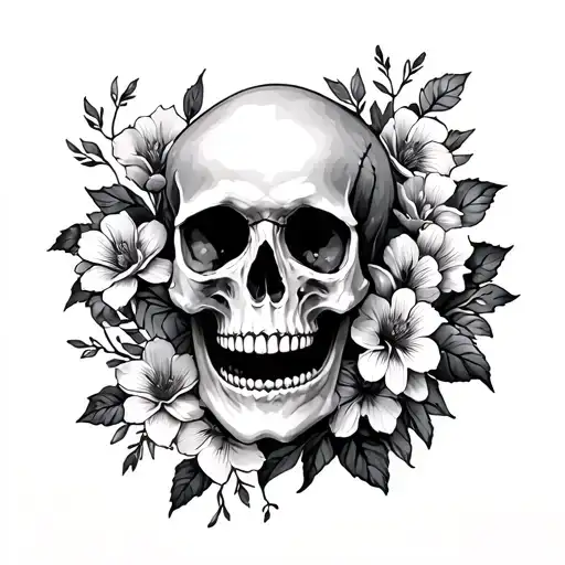 Skull With Spine Tattoo With Flowers