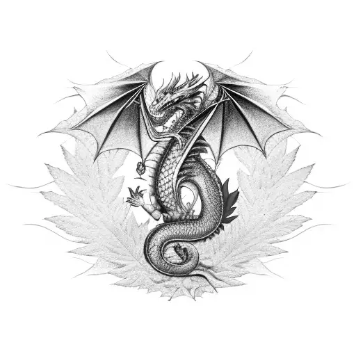 A Dragon Breathing Fire That Turns Into Musical Notes And Marijuana Leaves