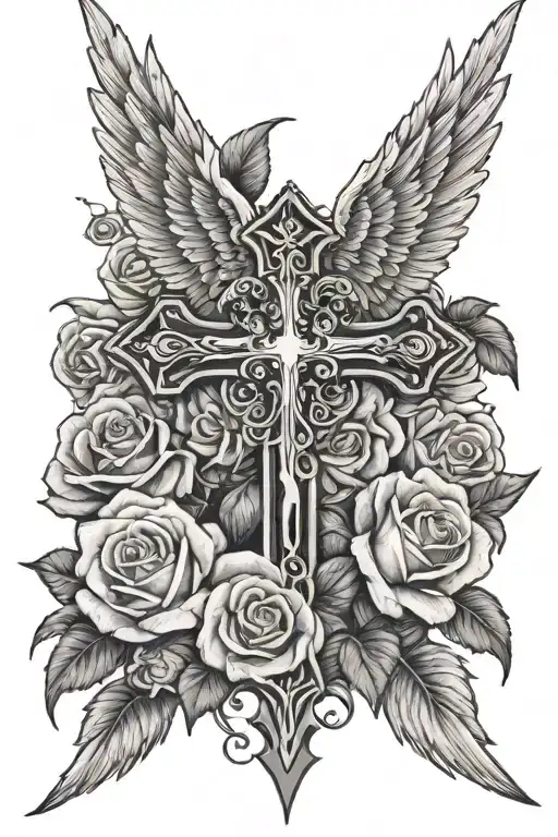 Cross With Angel Wings And Roses