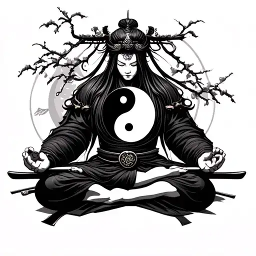 Cherry Samurai With Ying Yang Person Meditating
