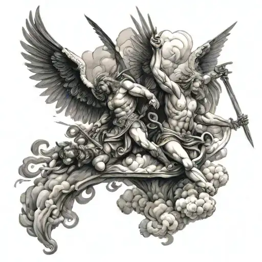 War In Heaven Angels Fighting Demons In Clouds Surrounding