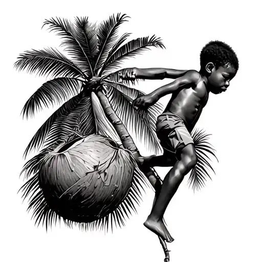 African Boy Climbing Coconut Tree Branches