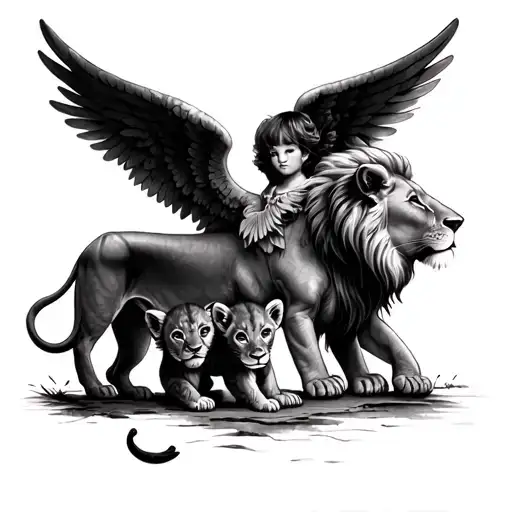 Lioness And Lion Cub And Angel With Wings