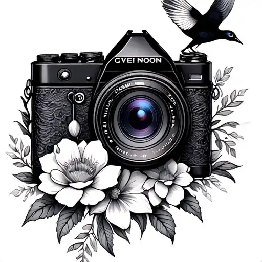 Camera Flowers Surrounding Bird Traditional Style