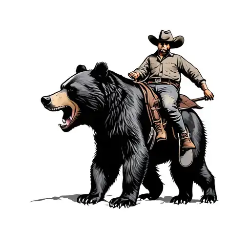 A Growling Black Bear With A Cowboy Riding On It's Back