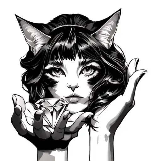 Female Face With A Cat Up On The Head And A Hand Holding A Diamond