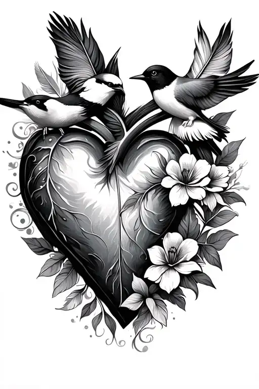 Heart Feather Blowing Into Birds And Flowers On The Right Of The Heart