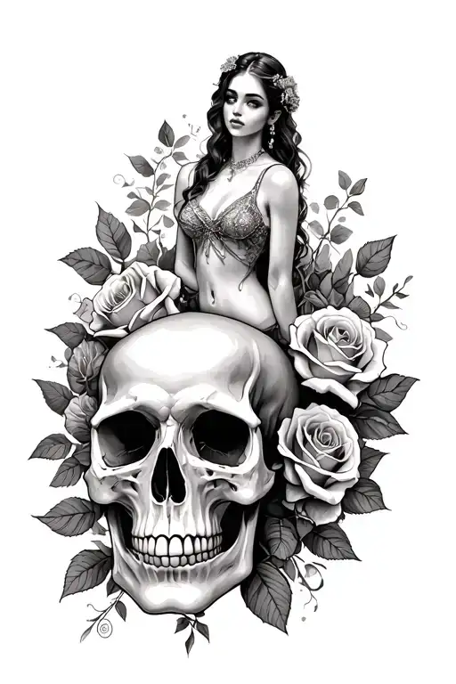 Skull And Watch And Some Roses And A Lady In The Bagground