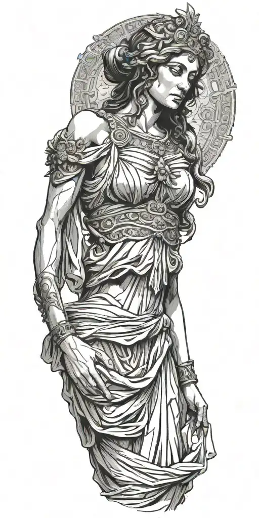 The Full Front Side Of A Ancient Greek Goddess With Dress And Hands Down