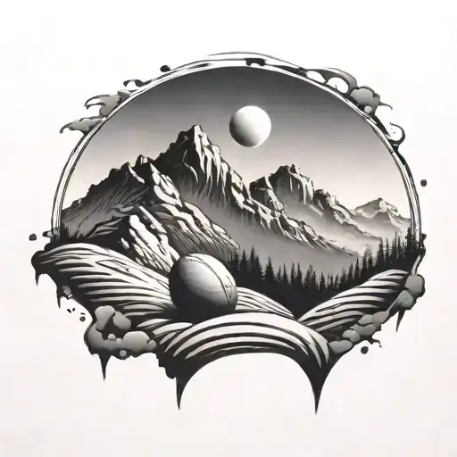 A Mountain Range Silhouette With Rugby Balls Rolling Down The Slopes