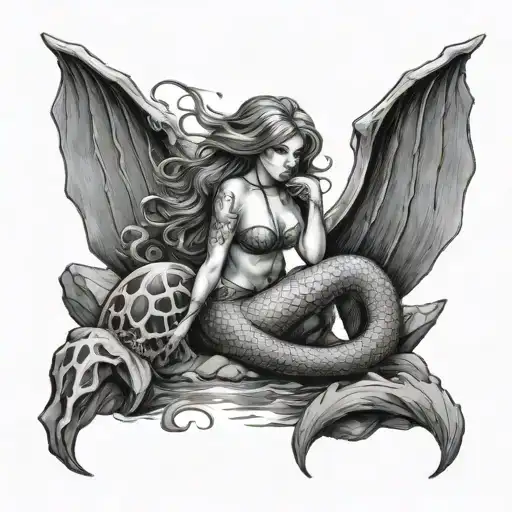 Sexy Mermaid Sitting On Rocks Watches The Kraken Sink A Ship