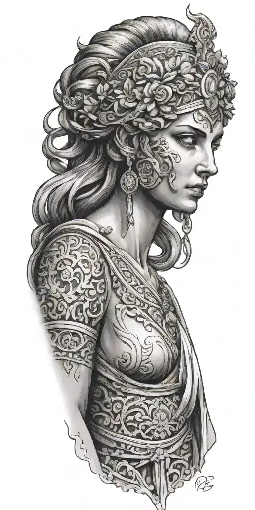 The Full Front Side Of Greek Goddess With Dress And Hands Down