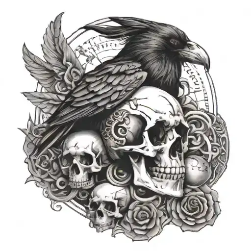 A Raven Holding A Skull In Its Talons Surrounded By Mystical Symbols