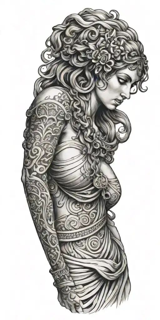 The Full Front Side Of Greek Goddess With Dress And Hands Down