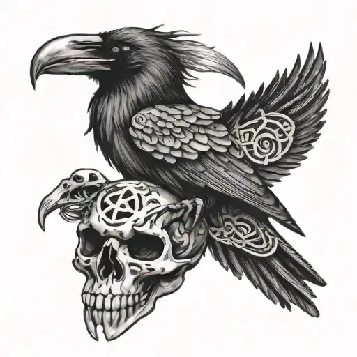 Raven Holding Skull In Talons With Celtic Symbols Around It