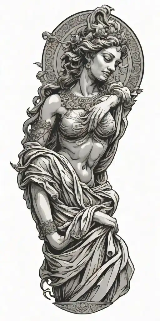 The Full Front Side Of Greek Goddess Statue With Dress And Hands Down