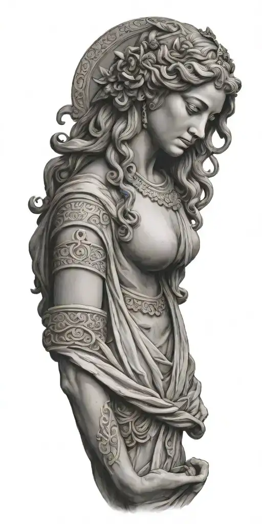 The Full Front Side Of Beautifull Greek Goddess Statue With Dress And Hands Down