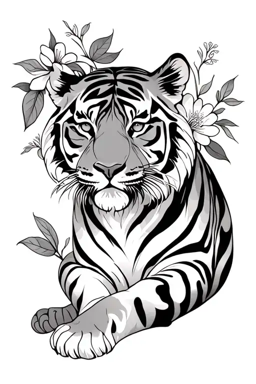 Crawling Tiger With Flowers And Leaves