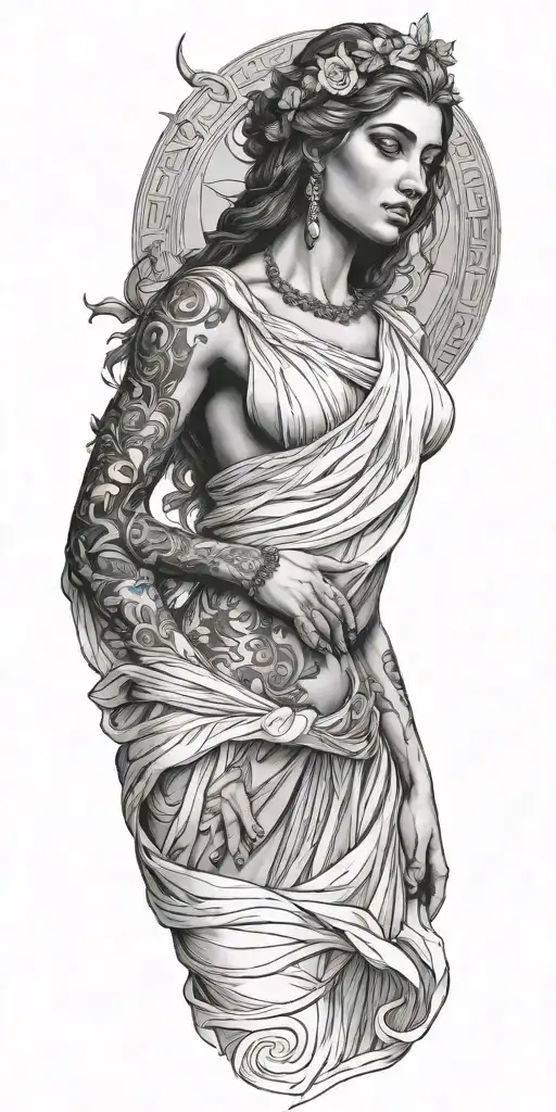 The Full Front Side Of Skin Greek Goddess With Long Dress And Hands Down