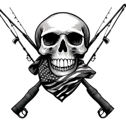 Skull With American Flag Bandana And Fishing Poles