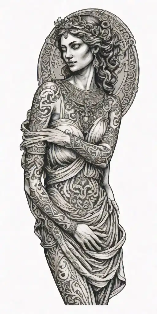The Full Front Side Of Skin Greek Goddess With Long Dress And Hands Down