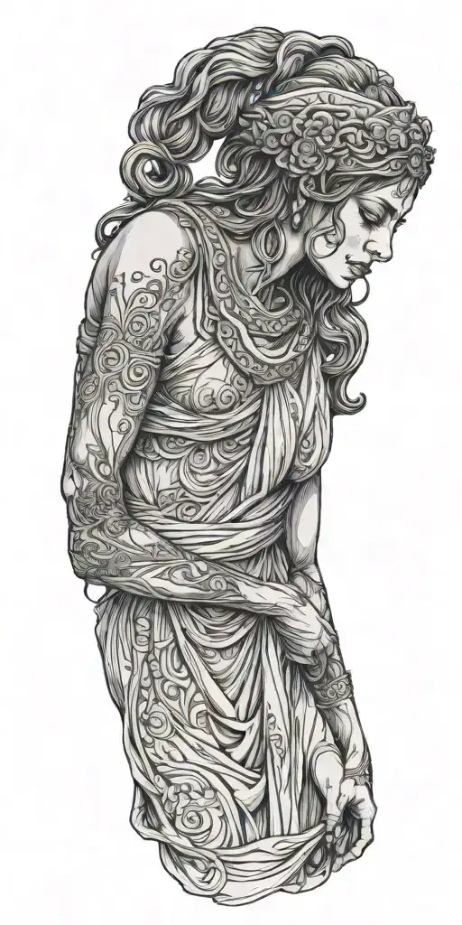 The Full Front Side Of Bare Skin Ancient Greek Woman With Long Dress And Hands Down