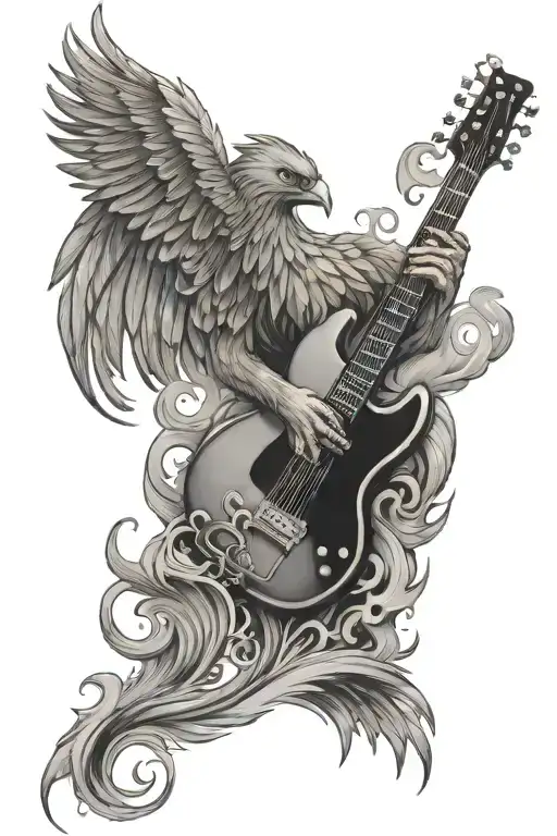 Phoenix Bird With Smoke Rising From Upper Arm And A Bass Guitar Under