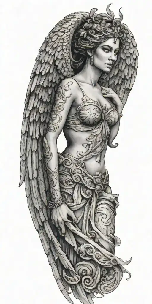 The Full Front Side Of Bare Skin Greek Goddess With Wings
