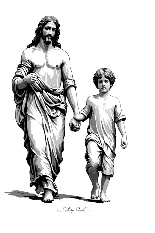 Jesus Walking Hand In Hand With Boy