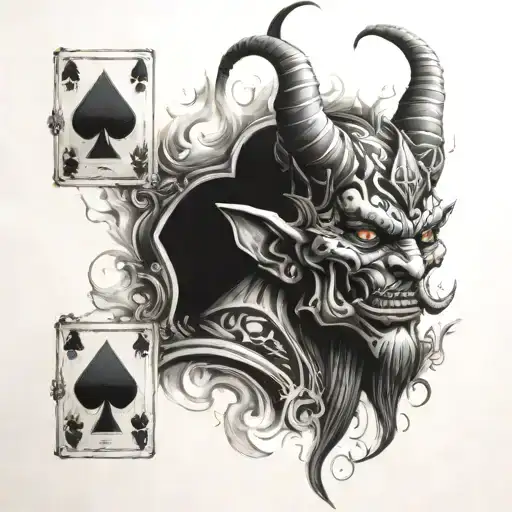 Demon With Smoke And A 7 Of Spades And 2 Of Diamonds