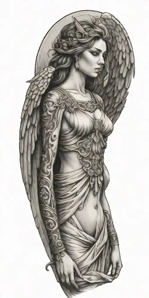 Front Side Of Greek Goddess With Long Dress And Wings