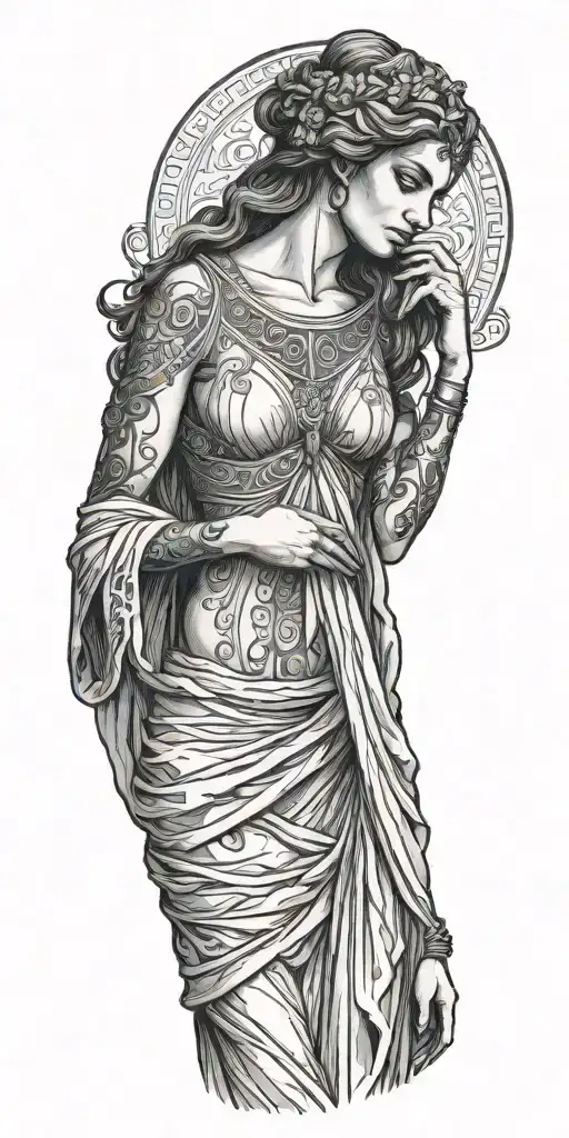 Front Side Of Greek Goddess With Long Dress And Hands Down