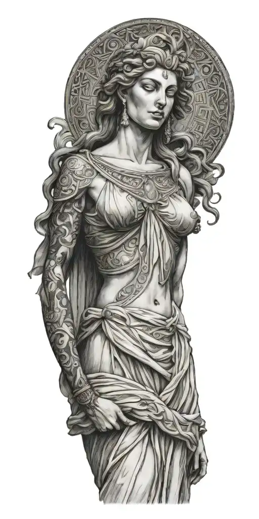 Full-front Side Of Greek Goddess With Long Dress And Hands Down