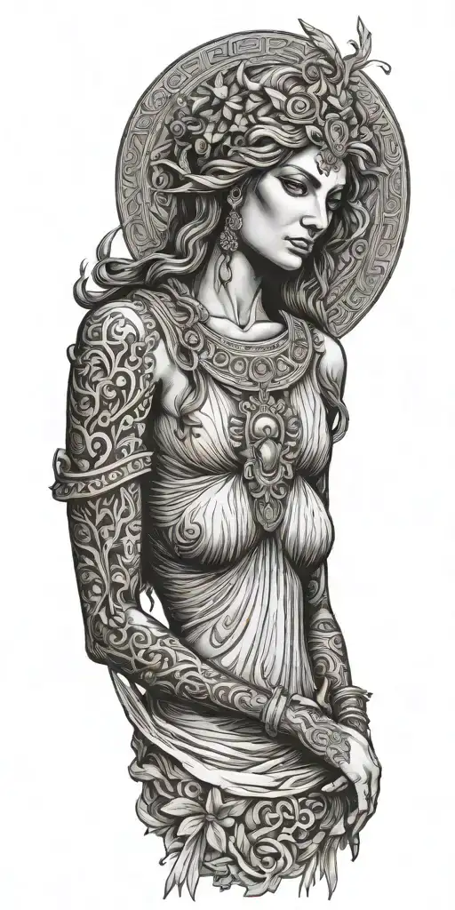 Full-front Side Of Greek Goddess With Hands Down Wearing Long Dress