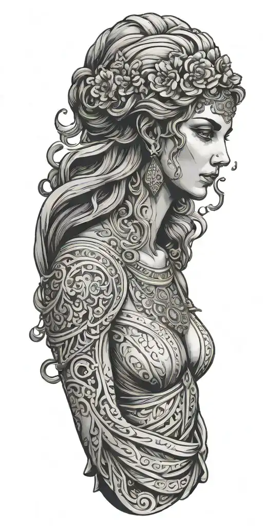 Full-front Side Of Greek Goddess With Hands Down Wearing Long Dress