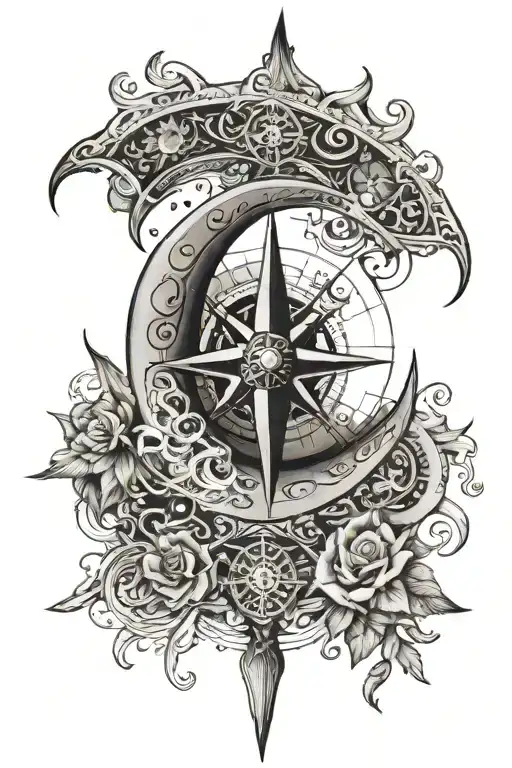 Crescent Moon With Nautical Compass Rose Intertwined