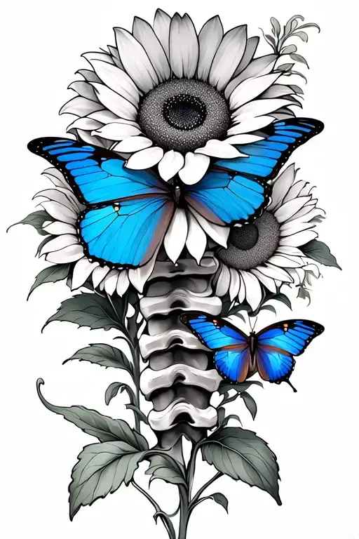 Spine Tatto With Blue Butterflies And Sunflower Blooming