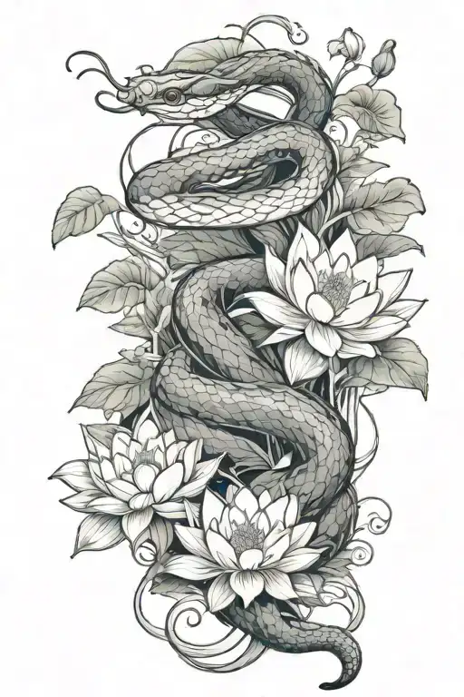 Gardener Snake Wrapped Around And Through Greenery With White Lotus Flowers And Leaves Added In