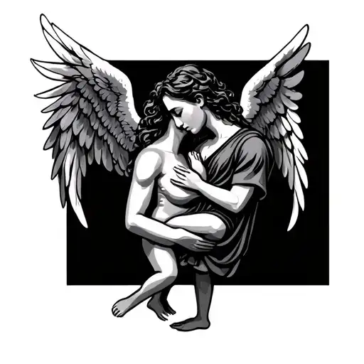 Parents And Son Embraced And Angel Wings